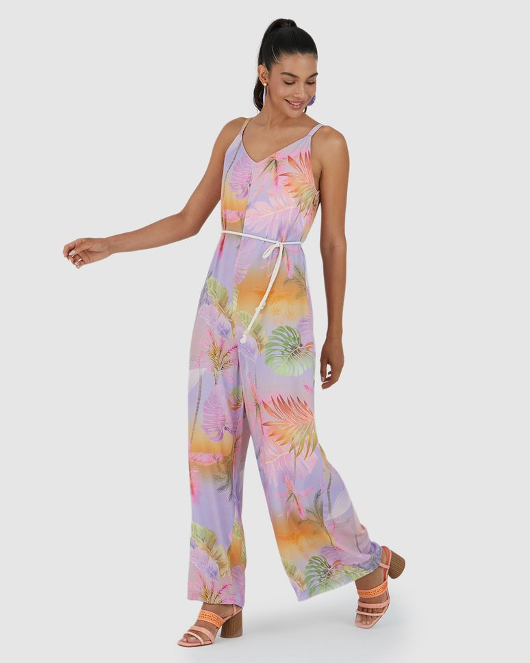 Macacão Feminino Estampado Cinto Cordão Em Viscose