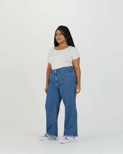Calça Straight Feminina Plus Size Cintura Alta Em Jeans 100% Algodão