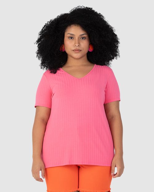 Blusa Básica Feminina Plus Size Decote V Em Canelado De Viscose