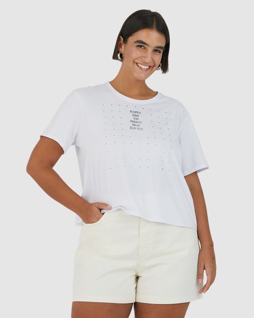 Camiseta Feminina Plus Size Com Strass Recomece Em Algodão
