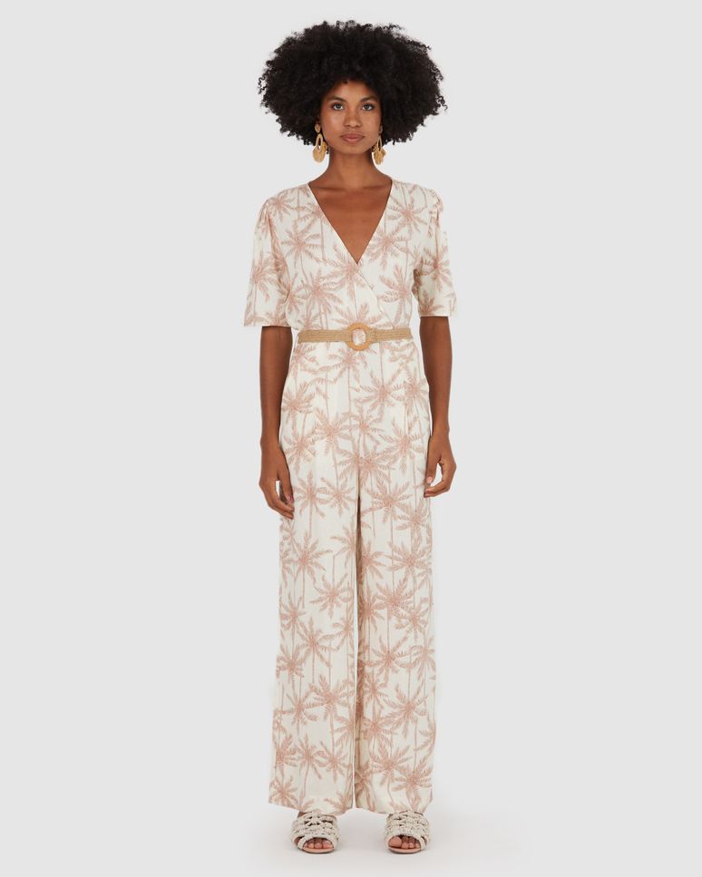 Macacão Feminino Estampado Gola V Com Cinto Em Viscolinho