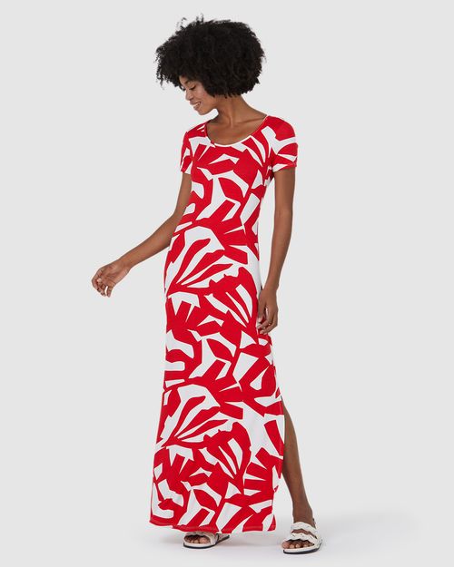Vestido Feminino Estampado Fenda Lateral Em Viscose Stretch
