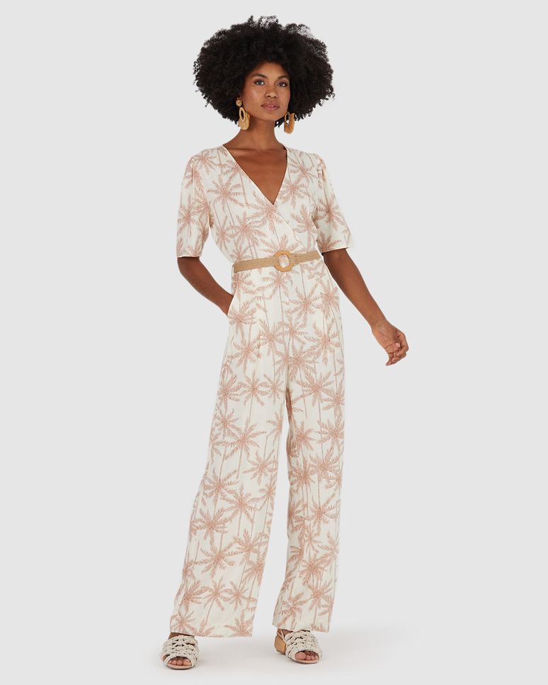 Macacão Feminino Estampado Gola V Com Cinto Em Viscolinho