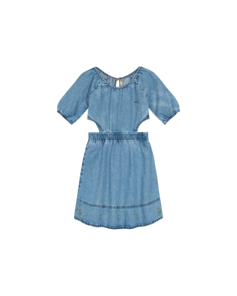 Vestido Menina Com Recorte E Bordado Em Jeans Leve Carinhoso