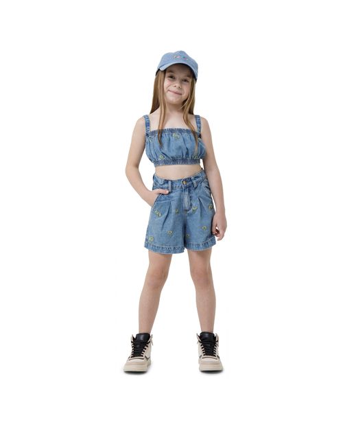 Top Cropped Menina Com Bordado Em Jeans Leve Carinhoso