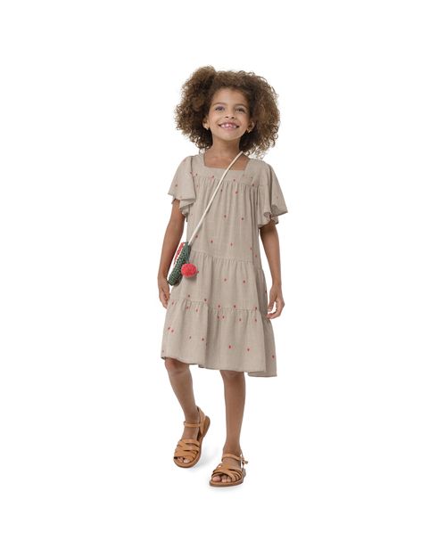 Vestido Menina Manga Babado Em Viscolinho Bordado Carinhoso
