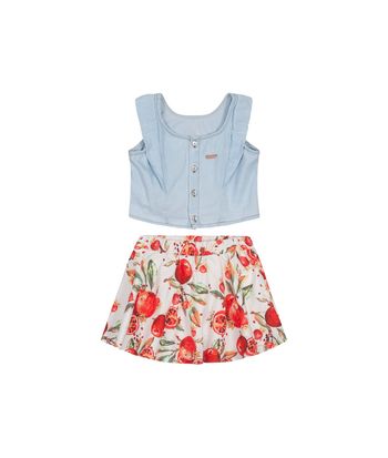 Conjunto Menina Em Jeans Leve e Saia Acetinada - Carinhoso