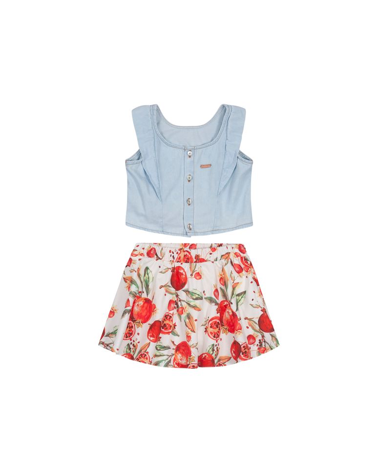 Conjunto Menina Em Jeans Leve e Saia Acetinada - Carinhoso