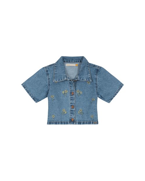 Camisa Menina Cropped Com Bordado Em Jeans Leve Carinhoso