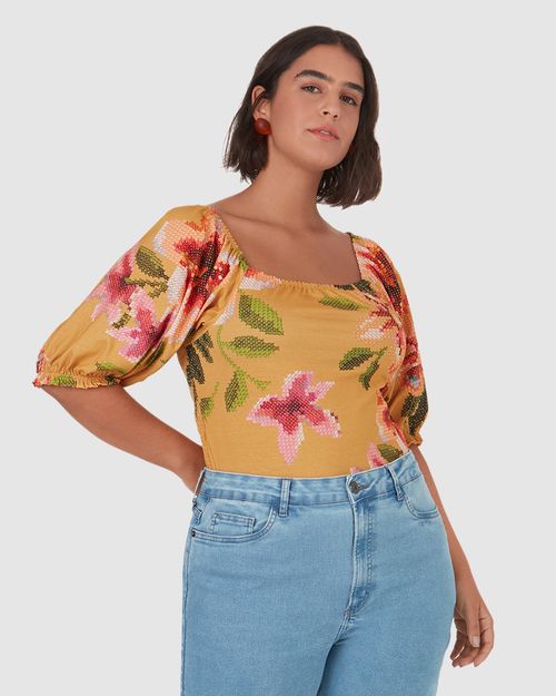 Blusa Feminina Plus Size Decote Ombro A Ombro Floral Em Algodão