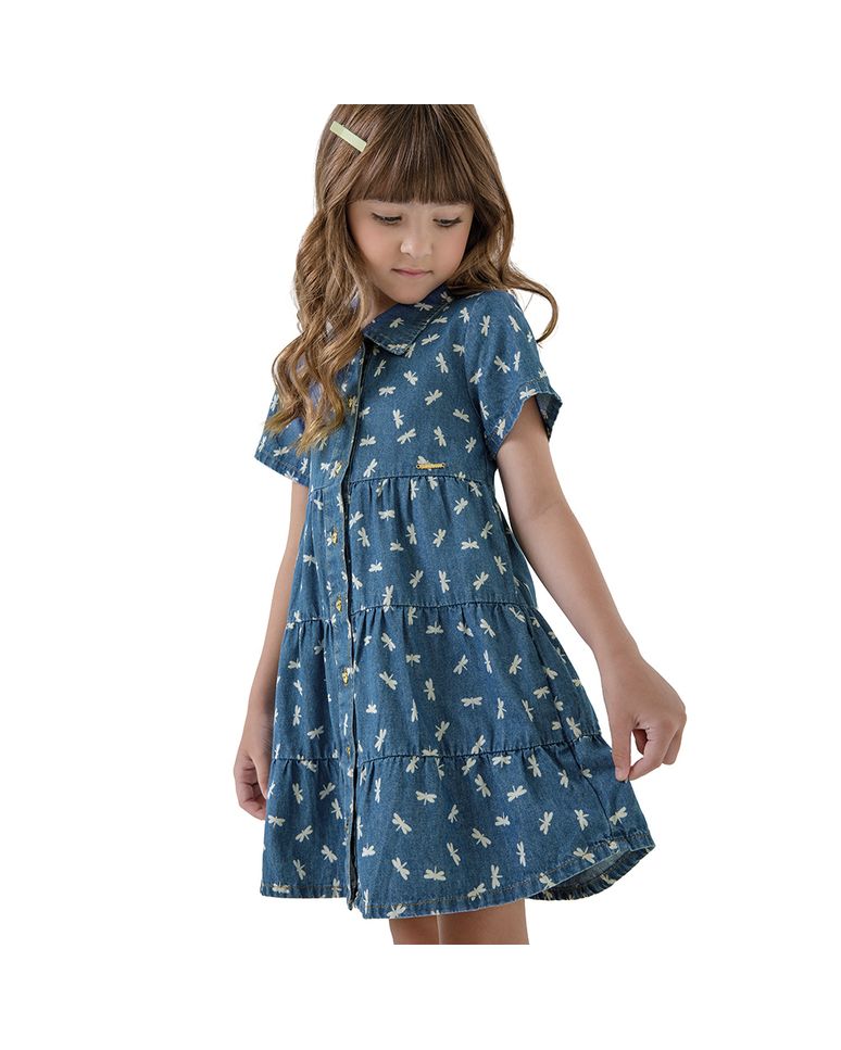 Vestido Menina Estampa Libélula Em Jeans Leve Carinhoso