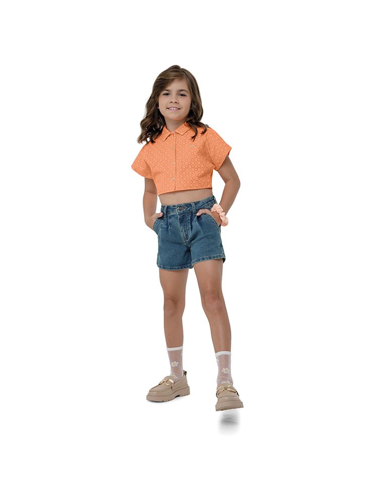 Shorts Menina Pregas Frontais Em Jeans Stretch Carinhoso