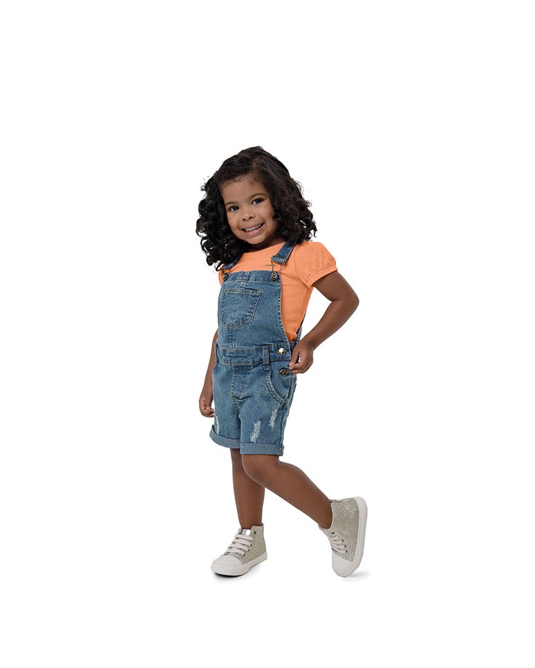 Jardineira Menina Com Puídos Em Jeans Stretch Carinhoso