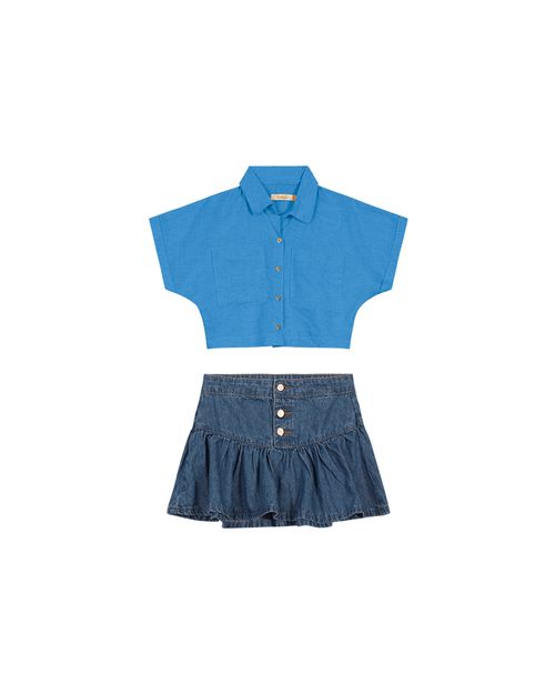 Conjunto Menina Camisa Cropped E Saia Em Jeans Leve Carinhoso