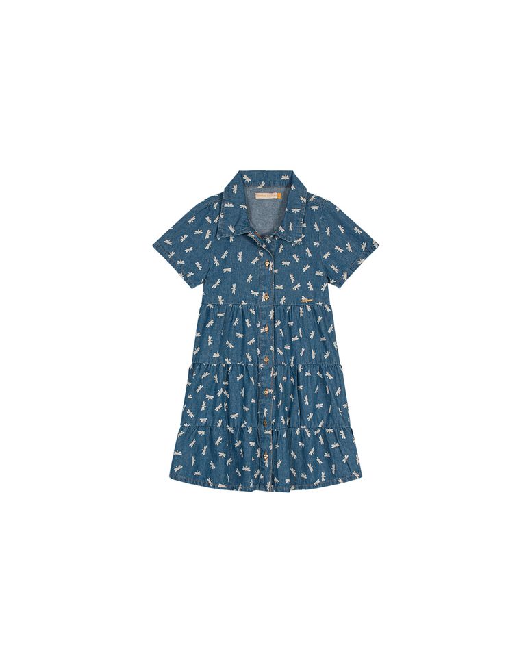 Vestido Menina Estampa Libélula Em Jeans Leve Carinhoso