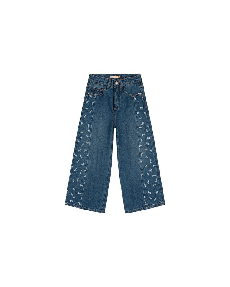 Calça Menina Wide Leg Estampada Em Jeans Carinhoso