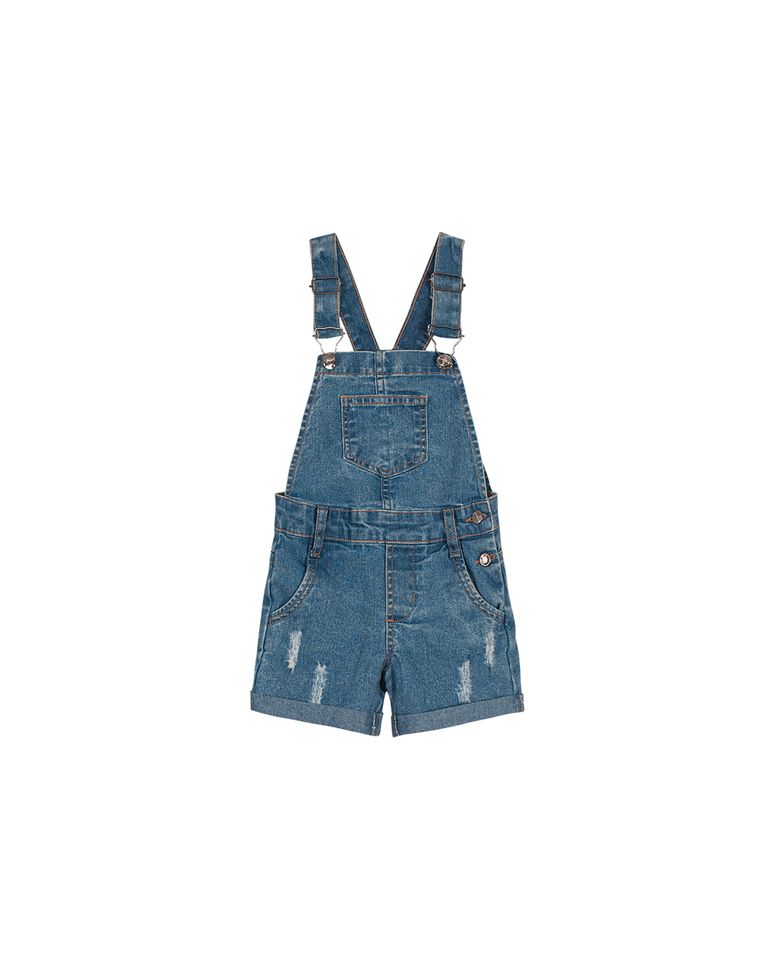 Jardineira Menina Com Puídos Em Jeans Stretch Carinhoso