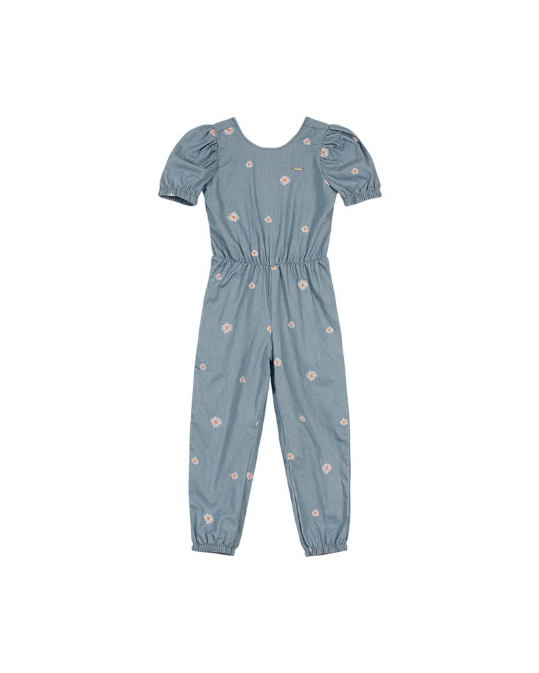 Macacão Menina Bordado Flores Em Chambray Carinhoso