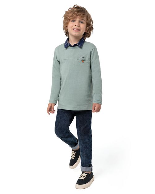 Camiseta Menino Manga Longa E Bolso Embutido Em Algodão Carinhoso