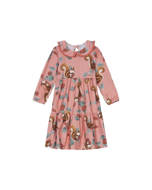 Vestido Menina Gola Peter Pan Esquilos Em Algodão Carinhoso