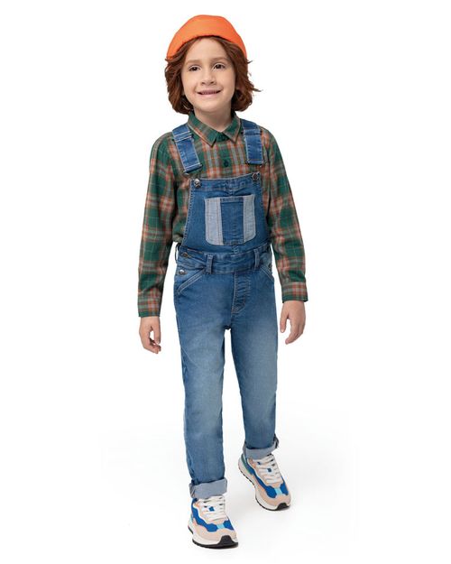 Jardineira Unissex Bolso Frontal Em Jeans Com Elastano Carinhoso