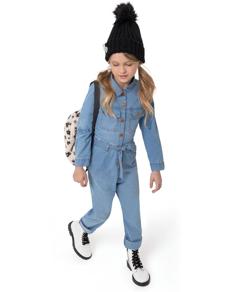 Macacão Menina Faixa Na Cintura Em Jeans Com Elastano Carinhoso