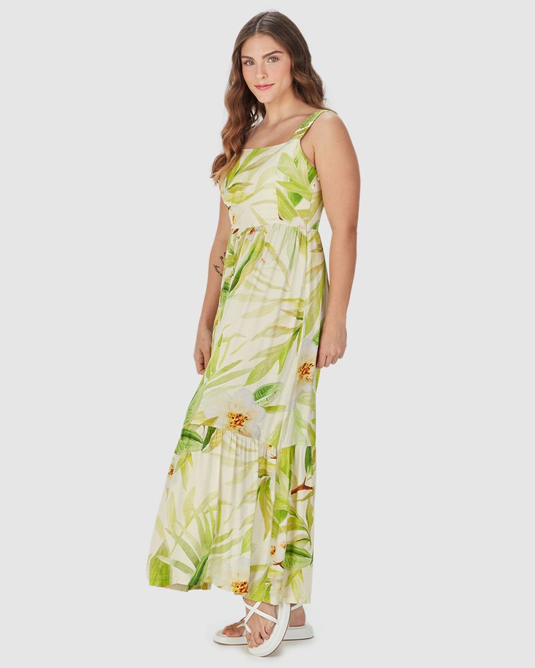 Vestido Long Midi Feminino Folhagem Em Viscose