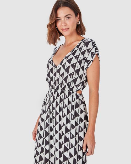 Vestido Midi Feminino Decote V Geométrico Em Viscose