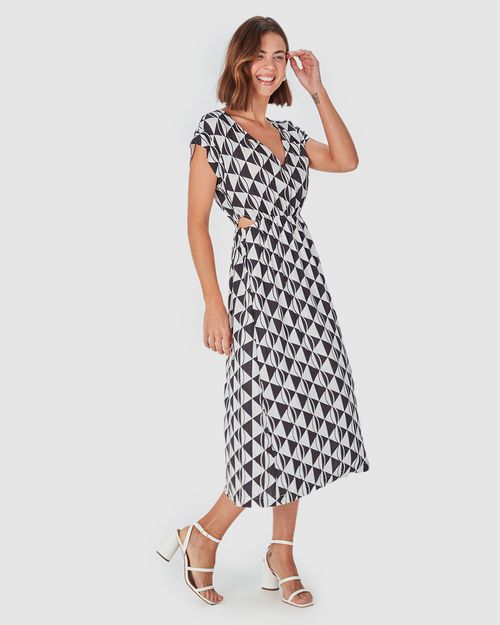 Vestido Midi Feminino Decote V Geométrico Em Viscose
