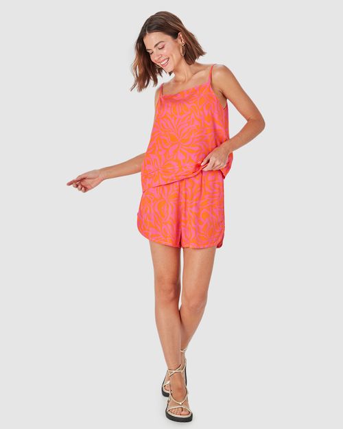 Shorts Feminino Estampa Abstrata Barra Arredondada Em Viscose
