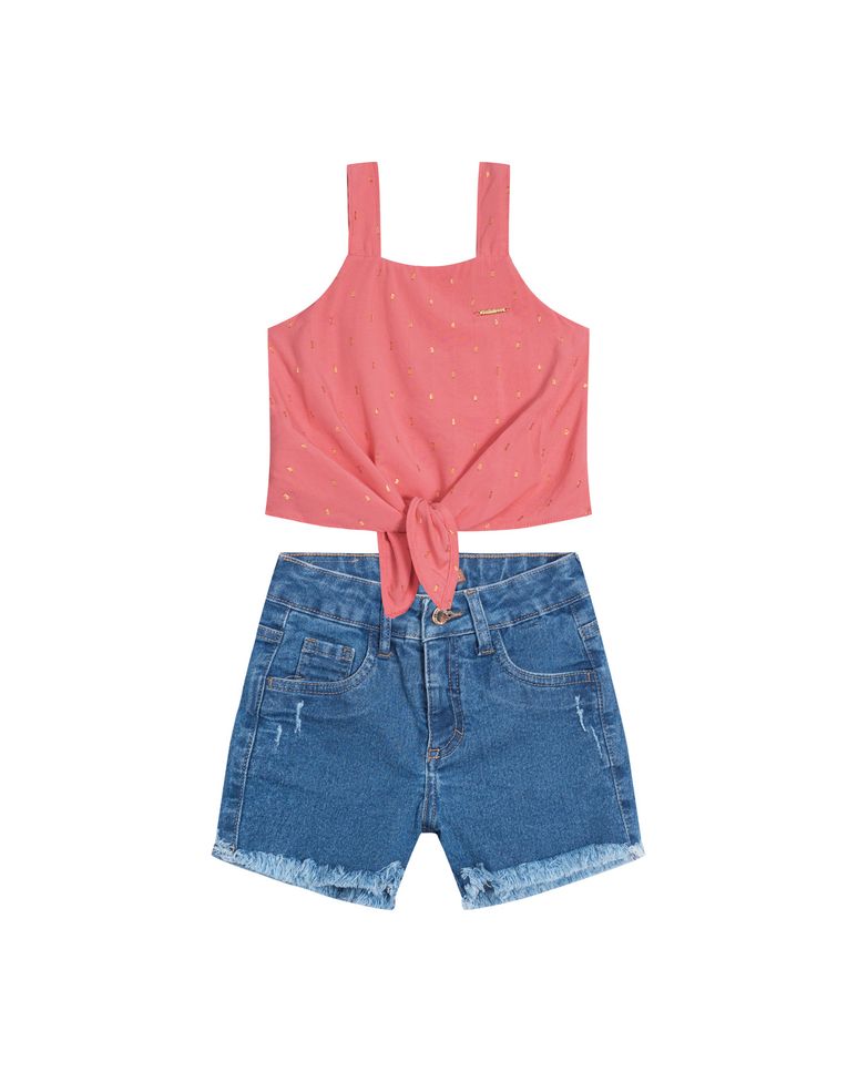Conjunto Menina Regata Plumetis E Shorts Jeans - Carinhoso