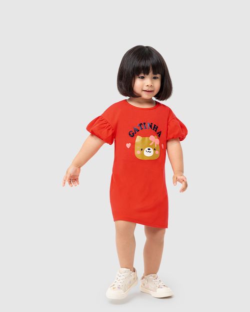 Vestido Infantil Gatinha Manga Bufante Em Algodão Malwee Kids