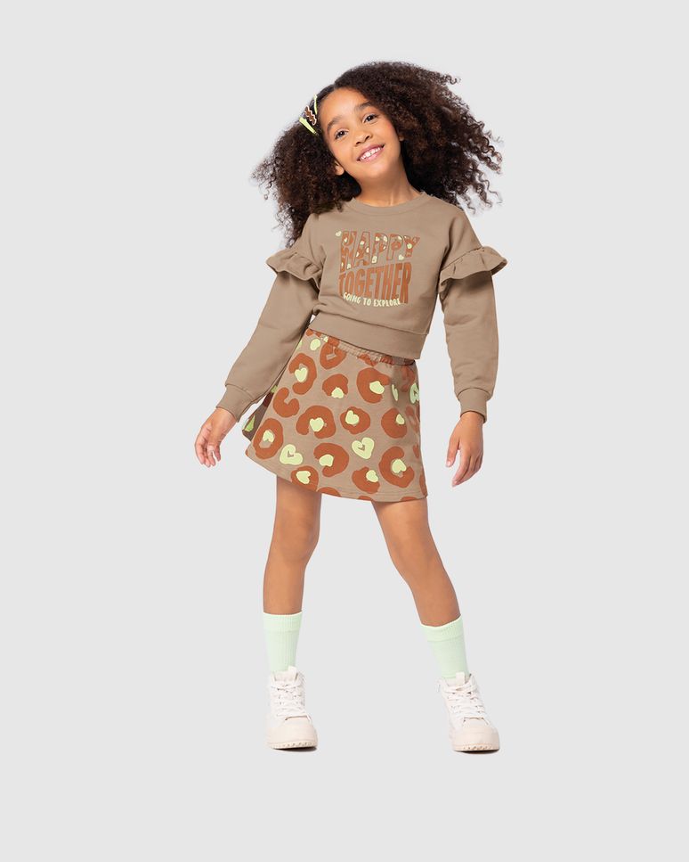 Conjunto Infantil Menina Saia Animal Print Em Moletom Malwee Kids