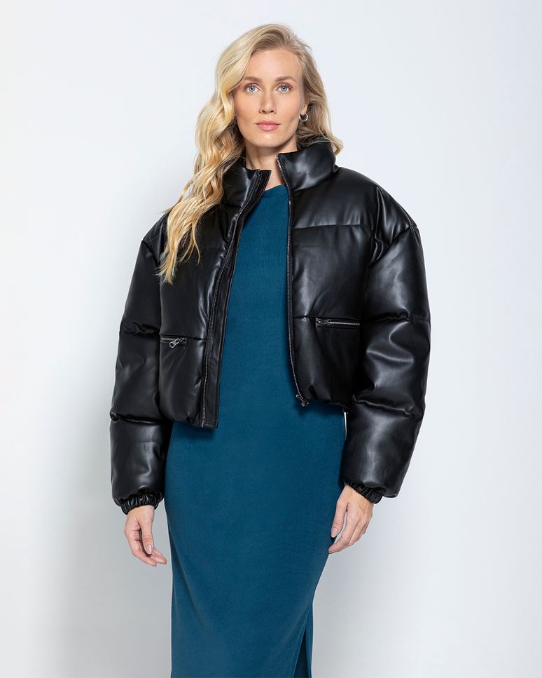 Jaqueta Puffer Feminina Gola Alta Em Corino - ENFIM