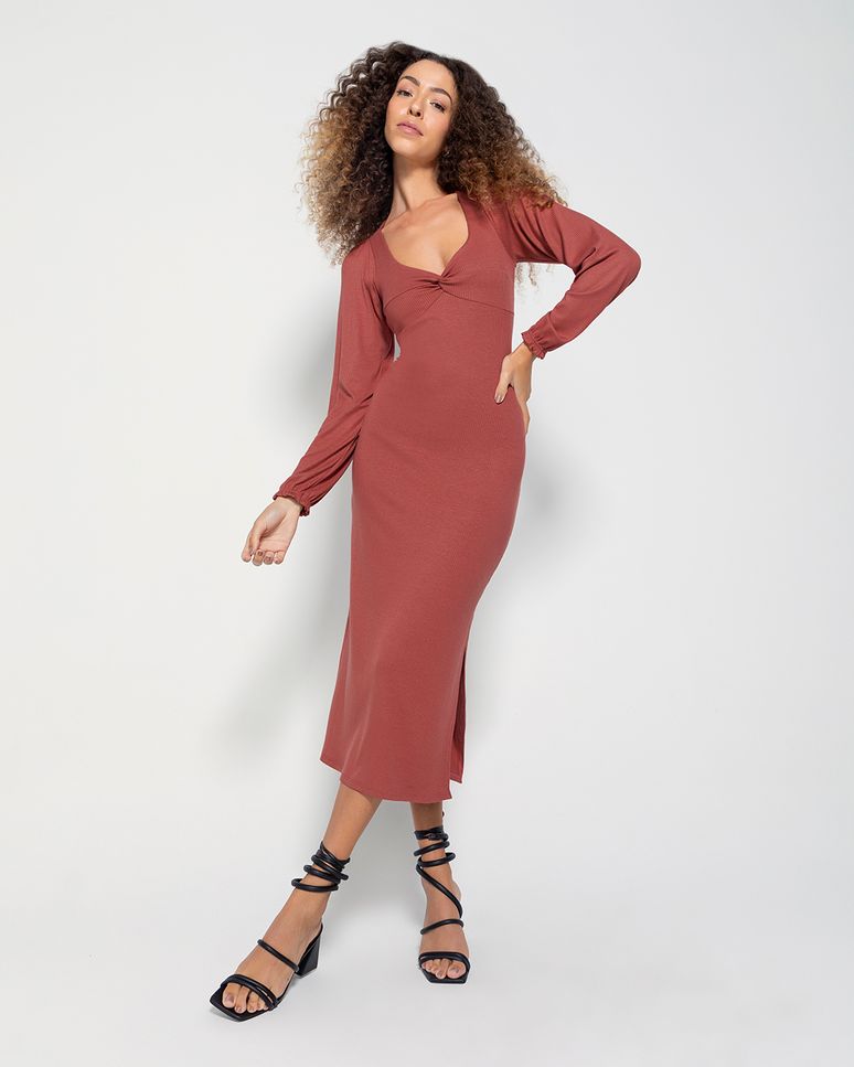 Vestido Midi Feminino Decote Torcido Em Malha Canelada de Viscose - ENFIM