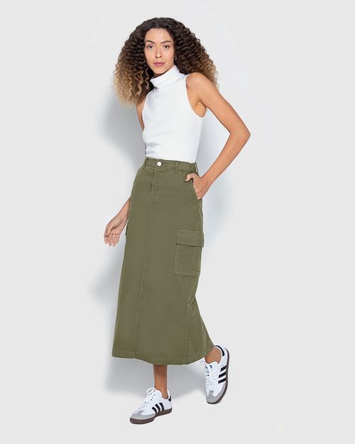 Saia Midi Feminina Bolso Cargo Em Sarja Com Elastano - ENFIM