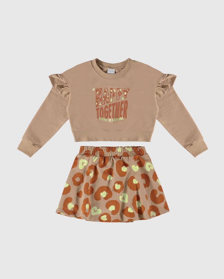 Conjunto Infantil Menina Saia Animal Print Em Moletom Malwee Kids