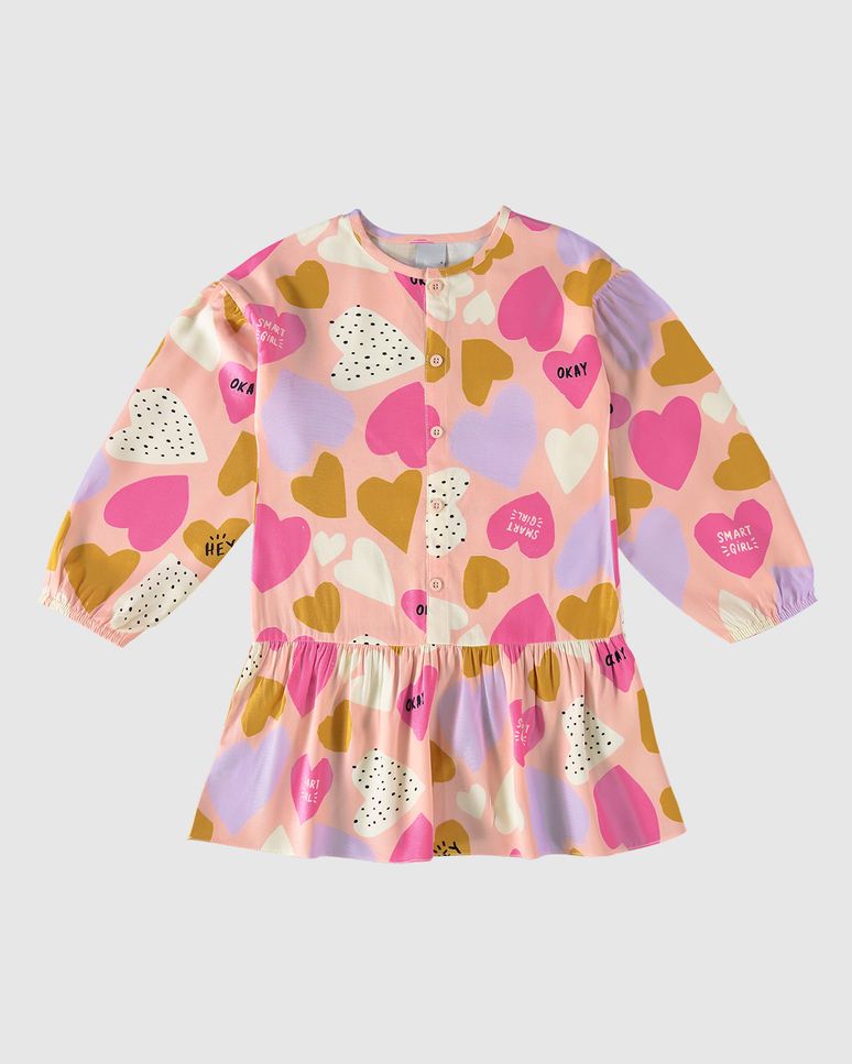 Vestido Infantil Abertura Frontal Corações Em Viscose Malwee Kids