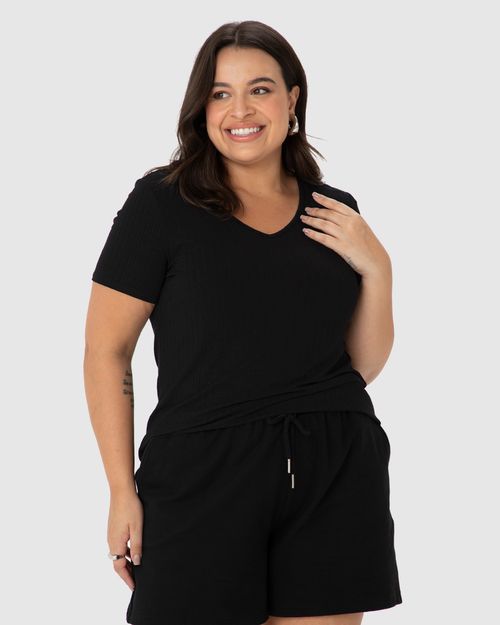 Blusa Básica Feminina Plus Size Decote V Em Canelado De Viscose