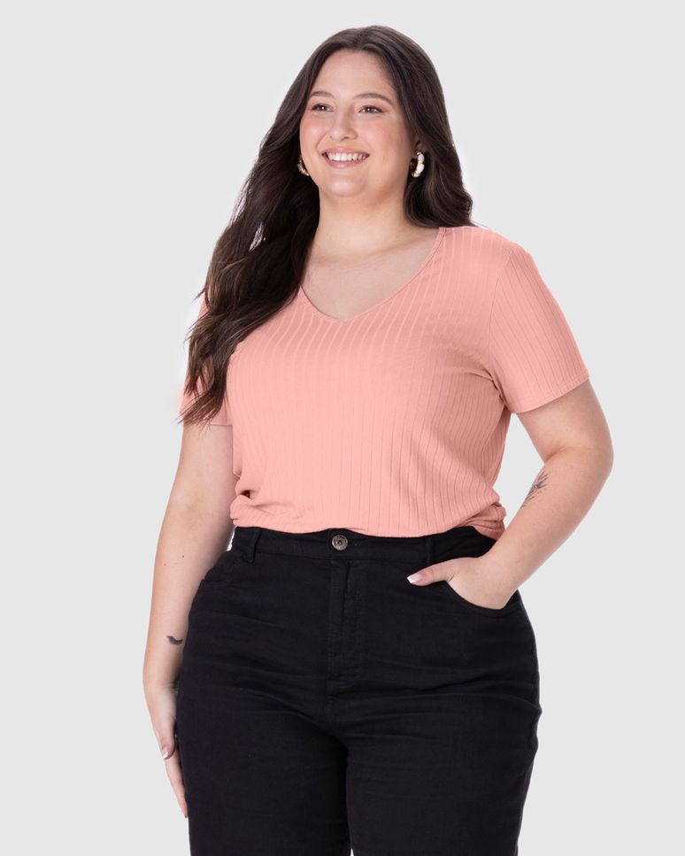 Blusa Básica Feminina Plus Size Decote V Em Canelado De Viscose