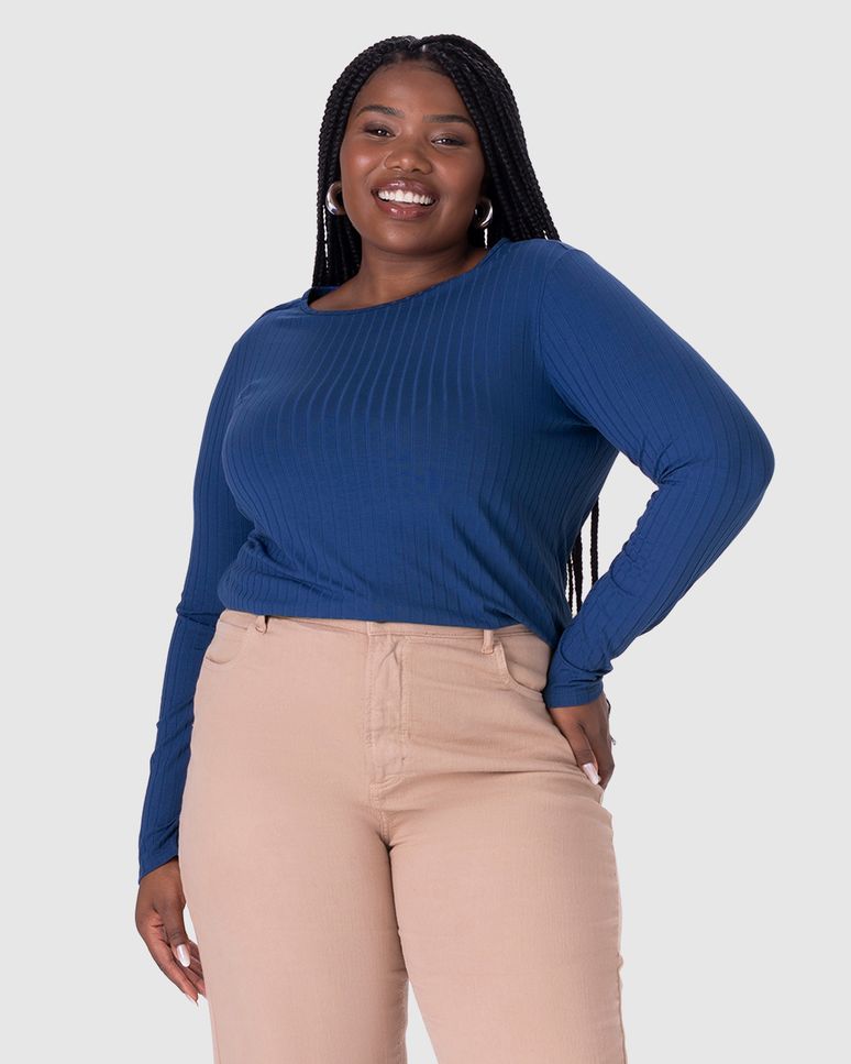 Blusa Básica Feminina Plus Size Manga Longa Em Canelado De Viscose