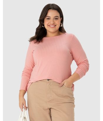 Blusa Básica Feminina Plus Size Manga Longa Em Canelado De Viscose