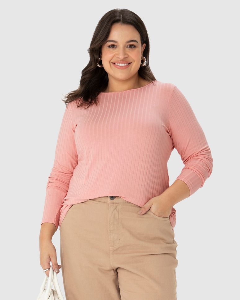 Blusa Básica Feminina Plus Size Manga Longa Em Canelado De Viscose