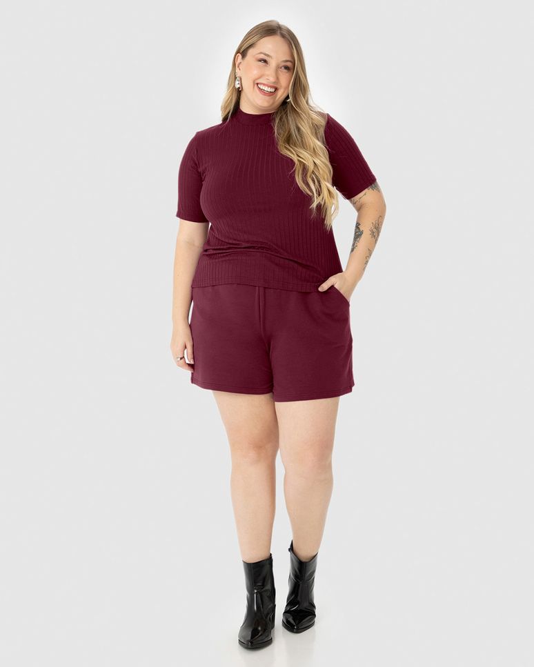 Blusa Feminina Plus Size Gola Alta Em Viscose Canelada