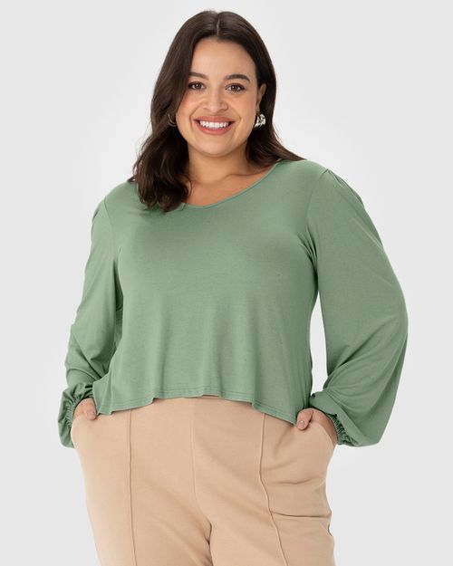 Blusa Cropped Feminina Plus Size Manga Longa Em Malha Viscolinho Stretch
