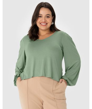 Blusa Cropped Feminina Plus Size Manga Longa Em Malha Viscolinho Stretch