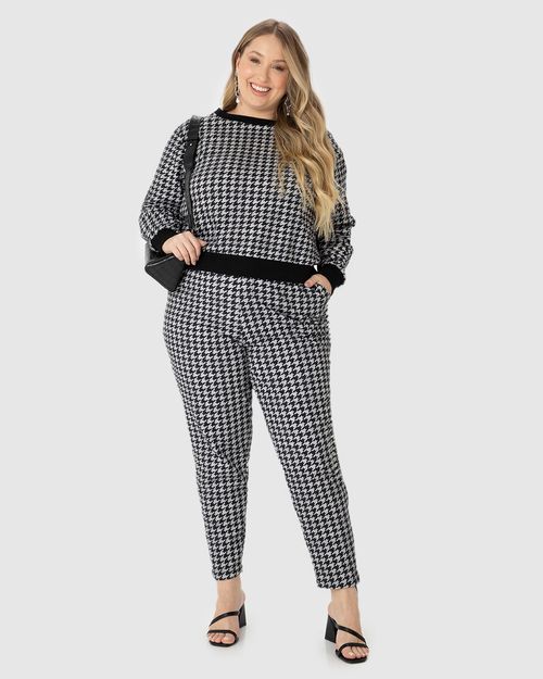 Blusão Feminino Plus Size Estampa Pied De Poule Em Moletom Stretch