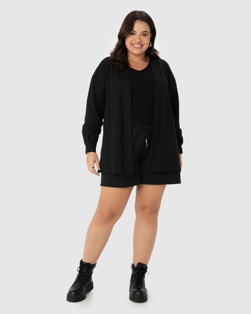 Casaco Feminino Plus Size Alongado Em Moletom Stretch Flanelado