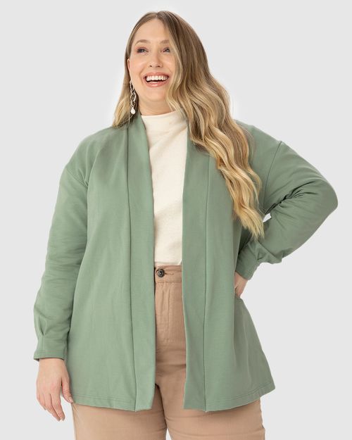 Casaco Feminino Plus Size Alongado Em Moletom Stretch Flanelado