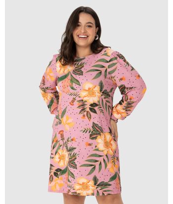 Vestido Feminino Plus Size Floral Manga Franzida Em Viscose Stretch